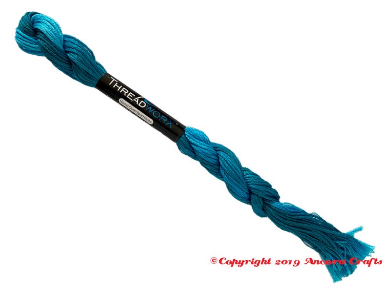 ThreadworX 11382 Variegated Embroidery Floss Blue Swirl thread has a repeating gradient of gorgeous deep water blues and is used for cross stitch, embroidery, needlepoint, making friendship bracelets, and other crafts.