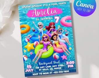 Princess Pool Party Birthday Invitation, Girls Summer Birthday Invite, Cute Princess Birthday Pool Theme, Editable Canva (Digital Download)