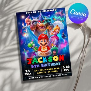 May include: A rectangular birthday invitation card featuring Mario, Bowser, Princess Peach, Rosalina, and Yoshi in a space-themed background. The text reads: JOIN US TO CELEBRATE! JACKSON 5TH BIRTHDAY, 24 JULY, 123 HOLLYWOOD BLVD, ANYCITY, CA 90028, 3:00 PM, RSVP TO WILLIAM AT 123-456-7890.