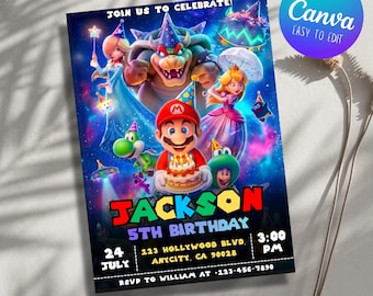 Faire-part d'anniversaire Mario Galaxy, invitation à une fête dans l'espace, carte d'anniversaire de jeu pour garçons, modèle de toile, téléchargement immédiat (5 x 7 po.)