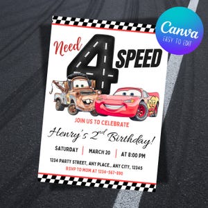 Invito per il 4° compleanno a tema Saetta McQueen, festa di compleanno a tema Cars, invito "Need 4 Speed", download digitale modificabile e personalizzabile su Canva.