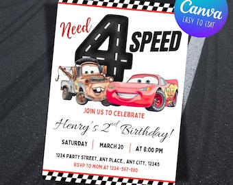 Lightning Mcqueen 4th Birthday Invitation, Cars Theme Birthday, Need 4 Speed Invite, Editable Personalized Canva Digital Download