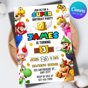 Puede incluir: Una invitación de cumpleaños con temática de Super Mario que incluye a Mario, Luigi, la Princesa Peach, Toad, Yoshi y Bowser. El texto dice: JOIN US FOR A SUPER BIRTHDAY PARTY, JAMES IS TURNING 3, APRIL 23 4 PM, JAMES'S HOUSE, 123 ANYWHERE ST., ANY CITY.