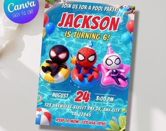 Spidey Pool Party Invitation, Spidey and his Amazing Friends Invite, Pool Party Invitation, Editable Canva Template (Digital Download)