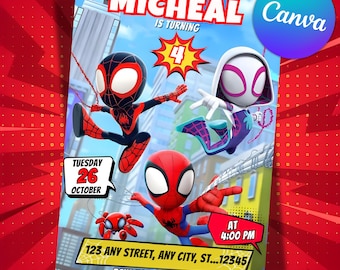 Spidey Birthday Invitation, Spidey and his Amazing Friends Birthday Party Invite, Superhero Birthday Invite, Editable Canva Template