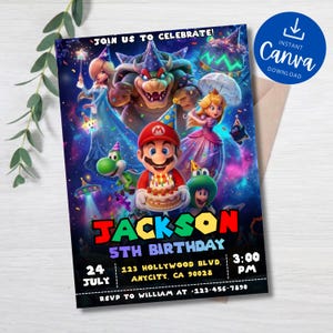 Puede incluir: Una vibrante invitación de cumpleaños con personajes de Mario. La invitación incluye el texto "JOIN US TO CELEBRATE!" y "JACKSON 5TH BIRTHDAY". También muestra la fecha, la hora y el lugar. Un círculo azul con el texto "INSTANT Canva DOWNLOAD" es visible.