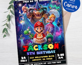 Mario Galaxy Birthday Invitation, Outer Space Party Invite, Boys Gaming Birthday Card, Canva Template, Instant Download (5x7 in)