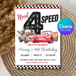 以下が含まれることがあります： 「Need 4 Speed」の文字と、映画「カーズ」のキャラクター、メーターとライトニング・マックィーンのイラストが描かれた誕生日招待状。「Henry's 4th Birthday」の文字とイベントの詳細も含まれています。