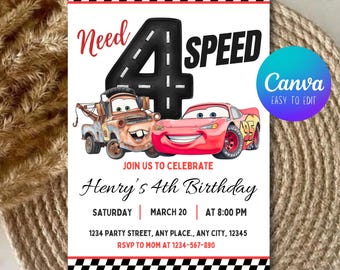 Lightning Mcqueen 4th Birthday Invitation, Cars Theme Birthday, Need 4 Speed Invite, Editable Personalized Canva Digital Download