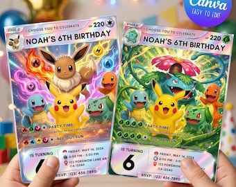 Pokemon Birthday Invitation, Pikachu Charizard & Bulbasaur Theme Party, Pokemon Card Invite, Editable Canva Template, Digital Download