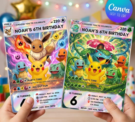 Pokemon Birthday Invitation — Pikachu, Charizard & Bulbasaur Theme Party