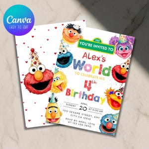 以下が含まれることがあります： パーティーハットをかぶったセサミストリートのキャラクターが描かれた誕生日招待状。テキスト：You're invited to Alex's World to celebrate his 4th birthday, Sunday April 20 at 8:00 AM, 100 Sesame Street, Any City CA 12345, RSVP by April 10th at 123 456 7890.