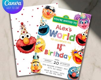 Editable Kids Cartoon Birthday Invitation, Elmo Party Evite, Elmo & Friends Theme Birthday Card, Canva Template (Digital Download)
