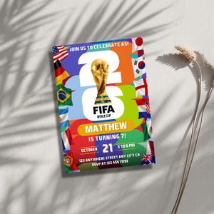 May include: A rectangular birthday invitation card featuring the FIFA World Cup trophy, the text JOIN US TO CELEBRATE AS! 2026 FIFA WORLD CUP, MATTHEW IS TURNING 7!, OCTOBER 21, 3 TO 6 PM, 123 ANYWHERE STREET ANY CITY CA, RSVP AT 123 456 7890, and flags.