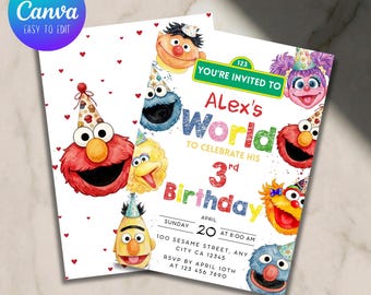 Editable Kids Cartoon Birthday Invitation, Elmo Party Evite, Elmo & Friends Theme Birthday Card, Canva Template (Digital Download)