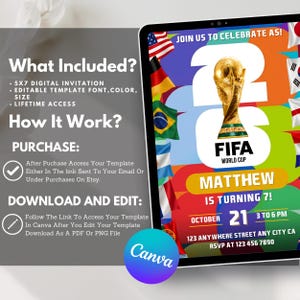 May include: A digital invitation template for a 7th birthday party featuring a FIFA World Cup trophy graphic, colorful flags, and text including "Matthew is turning 7!", "October 21", and "3 to 6 PM". The design includes instructions for editing in Canva.