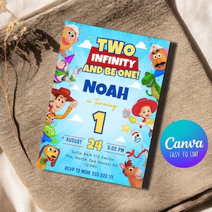 Puede incluir: Una tarjeta de invitación de cumpleaños rectangular con personajes de Toy Story como Woody, Buzz Lightyear, Jessie y Rex. El texto dice Two Infinity and Be One, Noah is Turning 1, August 24, 5:00 PM, Suite 864 113 Emilio Pla, North Jed House, KS 12345, RSVP to Mom: 555 222 111.