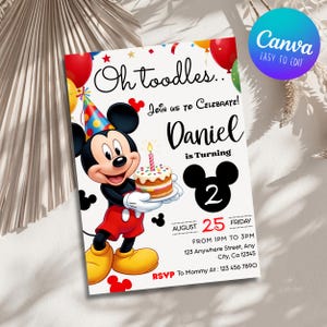 May include: A birthday invitation card featuring Mickey Mouse wearing a colorful party hat and holding a cake with a candle. The text reads Oh toodles, Join us to Celebrate, Daniel is Turning 2, August 25 Friday, 1PM to 3PM, 123 Anywhere Street, Any City, Ca 12345, RSVP To Mommy At 123 456 7890.
