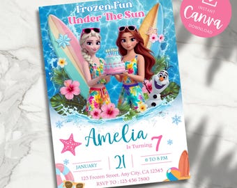Frozen Fun Summer Party Birthday Invitation, Pool Party Princess Elsa Anna Olaf Invite 2nd 3rd 4th 5th Birthday Girl Decor Instant Download