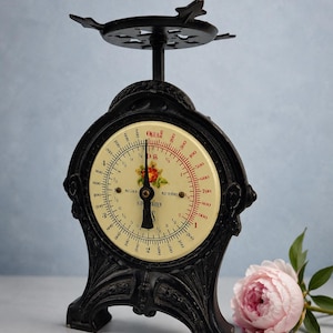 May include: A black cast iron kitchen scale with an ornate frame and a circular cream-colored dial. The dial features a central floral illustration, black numerical markings, and the text "MADE IN SWEDEN". A single black needle points upward.