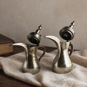 Antik arabisk Dallah kaffekanna set mässing silver mellanöstern kaffeservis