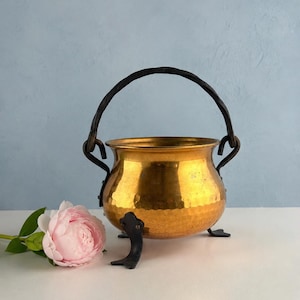 May include: A polished brass cauldron with a hammered texture, featuring a dark metal swing handle and three dark metal feet. A single pale pink peony flower with green leaves rests on the surface next to the base of the brass vessel.