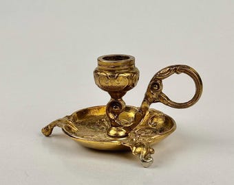 Antieke Victoriaanse Messing Chamberstick Kaarshouder Sierlijke Vingerlus Handvat Engels Cottage Decor