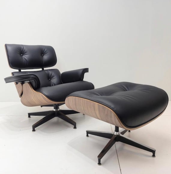 Black Leather Lounge Chair with Ottoman, Walnut Wood Accent Chair, Modern Lounge Chair, Comfortable Reading Chair, Living Room Chair
