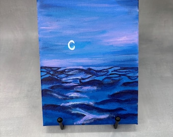Pintura original em acrílico de paisagem marinha: Marés iluminadas pela lua, ondas azuis do oceano, arte do céu noturno