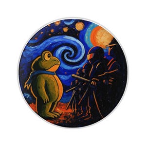 May include: Round art print featuring a frog wearing a blue scarf, facing a group of figures in black uniforms with batons, set against a starry night sky with a large orange moon. The style is reminiscent of Van Gogh.