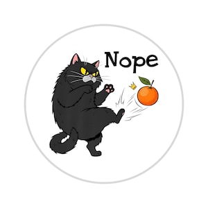 Puede incluir: Gráfico redondo blanco con un gato negro pateando una naranja coronada. La palabra "Nope" está encima del gato. El gato tiene ojos amarillos y almohadillas rosas. La naranja tiene una hoja verde.