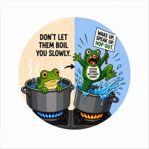May include: A circular illustration depicts a frog in a pot of boiling water, with the text "DON'T LET THEM BOIL YOU SLOWLY." Another frog jumps out of a pot, holding a sign that reads "WAKE UP. SPEAK UP. HOP OUT." The second frog's shirt says "SYSTEM CHANGE, NOT CLIMATE CHANGE."