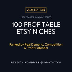 May include: A dark blue graphic with white and gold text. The text reads "2025 EDITION", "100 PROFITABLE ETSY NICHES", and "Ranked by Real Demand, Competition & Profit Potential". The graphic also includes the text "REAL DATA | 8 CATEGORIES | INSTANT ACTION".