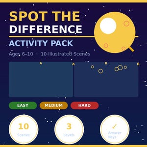 May include: A navy blue activity pack titled "Spot the Difference" with the text "Ages 6-10". The pack includes 10 scenes, 3 levels, and answer keys. The difficulty levels are labeled Easy, Medium, and Hard.