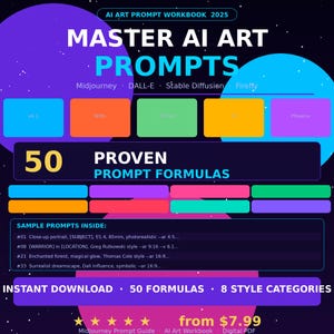 Op de afbeelding: Een digitale PDF-werkmap getiteld "AI Art Prompt Workbook 2025" met de tekst "MASTER AI ART PROMPTS". De afbeelding bevat gekleurde vakken en de tekst "50 PROVEN PROMPT FORMULAS" en "DIRECT DOWNLOADEN."