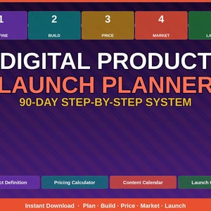 May include: A digital product launch planner with a 90-day step-by-step system. The image features numbered steps: Define, Build, Price, Market, and Launch. Additional sections include Product Definition, Pricing Calculator, Content Calendar, and Launch Checklist.