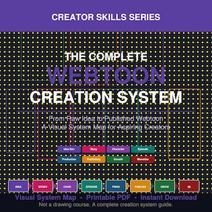 Op de afbeelding: Een digitale gids getiteld CREATOR SKILLS SERIES THE COMPLETE WEBTOON CREATION SYSTEM. De donkere achtergrond bevat een geel puntrooster en kleurrijke rechthoekige vakken met de labels Idea Dev, Story, Character, Episode, Production, Publishing, Growth en Monetize.