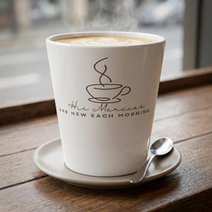 Może przedstawiać: Biały ceramiczny kubek do kawy ze spodkiem i łyżeczką, wypełniony latte. Kubek ma czarny rysunek linii filiżanki do kawy z parą i napisem "His Mercies Are New Each Morning". Kawa paruje.