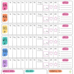 May include: A DBT diary card tracker featuring a weekly grid with columns for medications, emotions, energy, sleep, and skills. The layout includes daily rows from Sunday to Friday, sections for weekly goals, feelings, and gratitude, plus decorative icons.