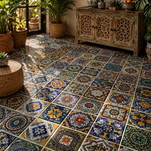 May include: A floor covered in square ceramic tiles featuring a variety of intricate, colorful patterns in shades of blue, yellow, red, green, and white. The tiles are arranged in a grid, creating a vibrant, multi-patterned surface across the room.