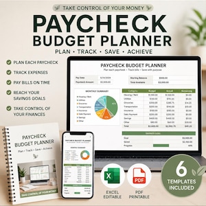 Puede incluir: Un planificador de presupuesto digital en una computadora portátil y un teléfono inteligente, con un cuaderno de espiral, un gráfico circular de resumen mensual, tablas de gastos y el texto Paycheck Budget Planner, Plan, Track, Save, Achieve.