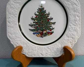 Vintage Cuthbertson Christmas Tree Plates Set of 8 England Embossed Ironstone Dinnerware