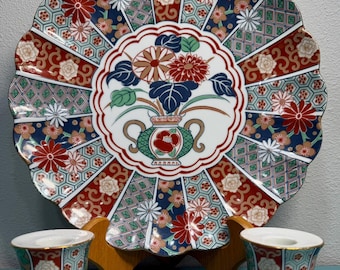 Vintage Arita Imari Fan Platter Set – 12” Porcelain Plate w/ Candle Holders – Chinoiserie Decor