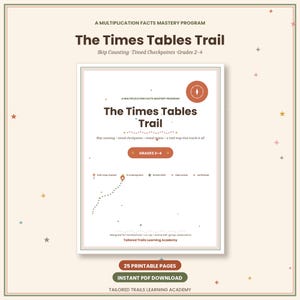 May include: A printable educational document titled The Times Tables Trail, a multiplication facts mastery program for grades 2-4. It features a trail map tracker, timed checkpoints, and flashcards. The design includes brown text and accents on a cream background.