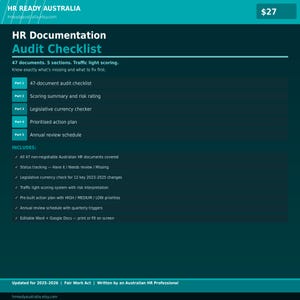 Lista di controllo per la verifica della documentazione HR / Risorse umane australiane / 47 documenti / Legge sul lavoro equo / Word modificabile