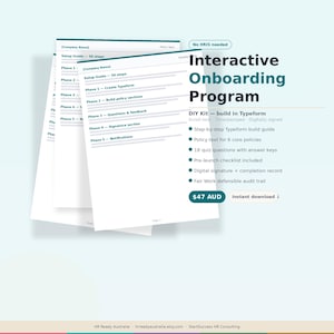 May include: An interactive onboarding program DIY kit with a teal and white design. The image features a stack of white papers with text, and the words "Interactive Onboarding Program" in large teal letters. Includes a step-by-step guide and quiz questions.