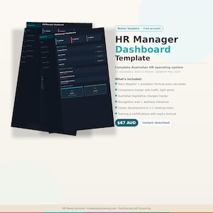 Op de afbeelding: Een digitale HR Manager Dashboard Template met een donkerblauwe interface. De template bevat functies zoals teamregisters, compliance trackers en trainingscertificeringen. De tekst "HR Manager Dashboard Template" wordt prominent weergegeven.