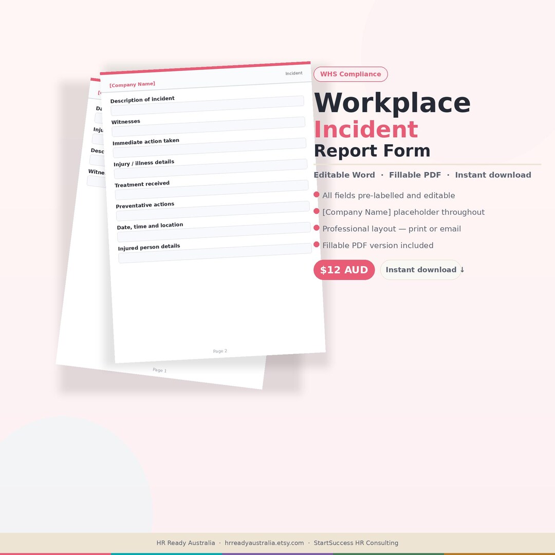 Whs Report Example Pdf Workplace Incident & Accident Report Form | Australian HR | Fillable ...