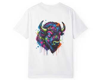 Neon Splash Buffalo T-shirt | Colorful Bison Head Drip Art