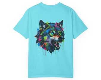 Colorful Wolf Head T-shirt | Neon Drip Artwork